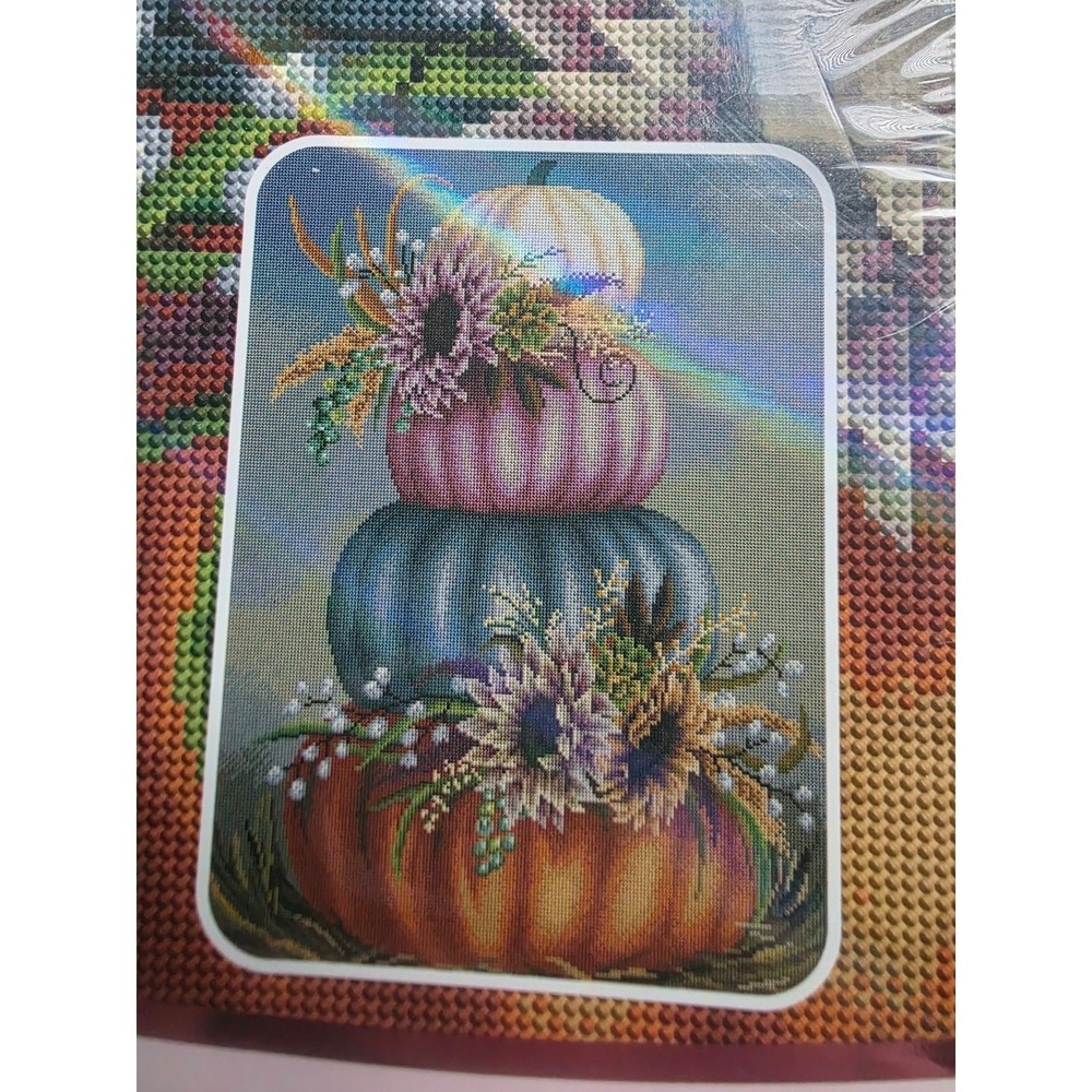 Diamond art club dot Painting 4 stacked pumpkins with sunflowers Angela Anderson